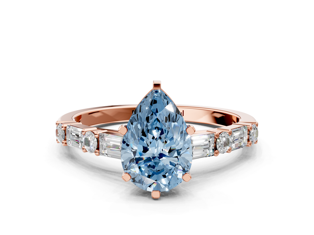 Rose gold Fancy Blue Pear  Solitaire with Side Baguettes and Channel Set Band_79