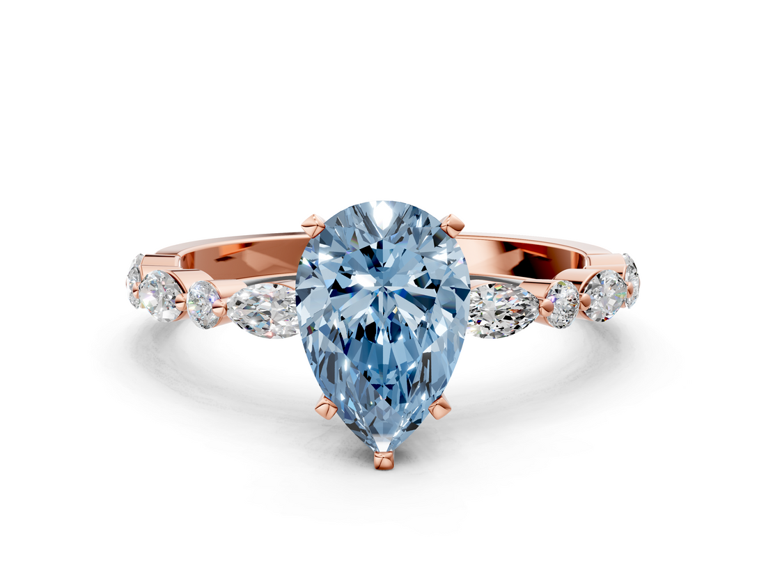 Rose gold Fancy Blue Pear  Solitaire with Side Stones on a Pavé Band and Four-Prong Setting_23