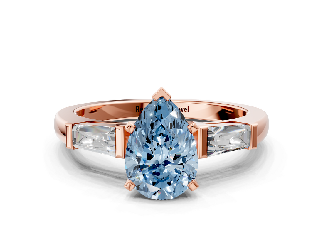 Rose gold Fancy Blue Pear  Solitaire with Tapered Baguette Side Stones on a Classic Band with Four-Prong Setting_70