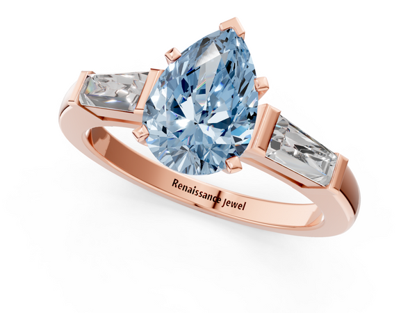 Rose gold Fancy Blue Pear  Solitaire with Tapered Baguette Side Stones on a Classic Band with Four-Prong Setting