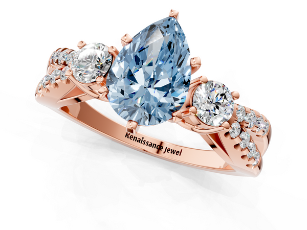 Rose gold Fancy Blue Pear Cut Diamond Three-Stone Ring with Pavé Split Shank and Four-Prong Setting