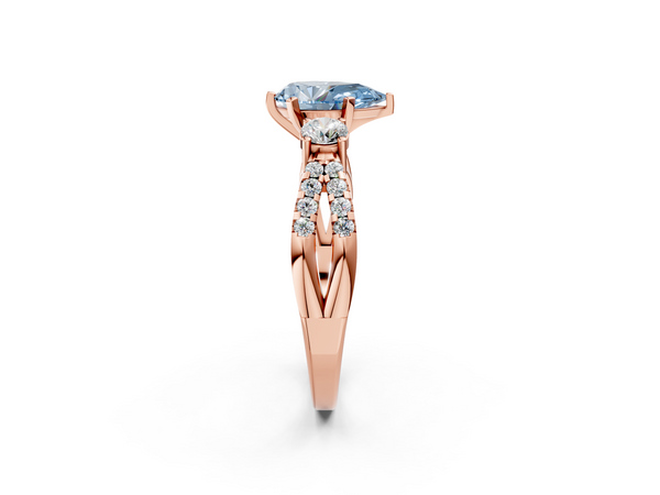 Rose gold Fancy Blue Pear Cut Diamond Three-Stone Ring with Pavé Split Shank and Four-Prong Setting