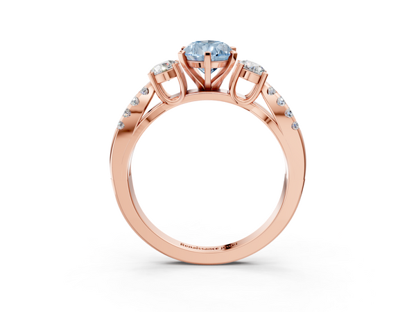 Rose gold Fancy Blue Pear Cut Diamond Three-Stone Ring with Pavé Split Shank and Four-Prong Setting