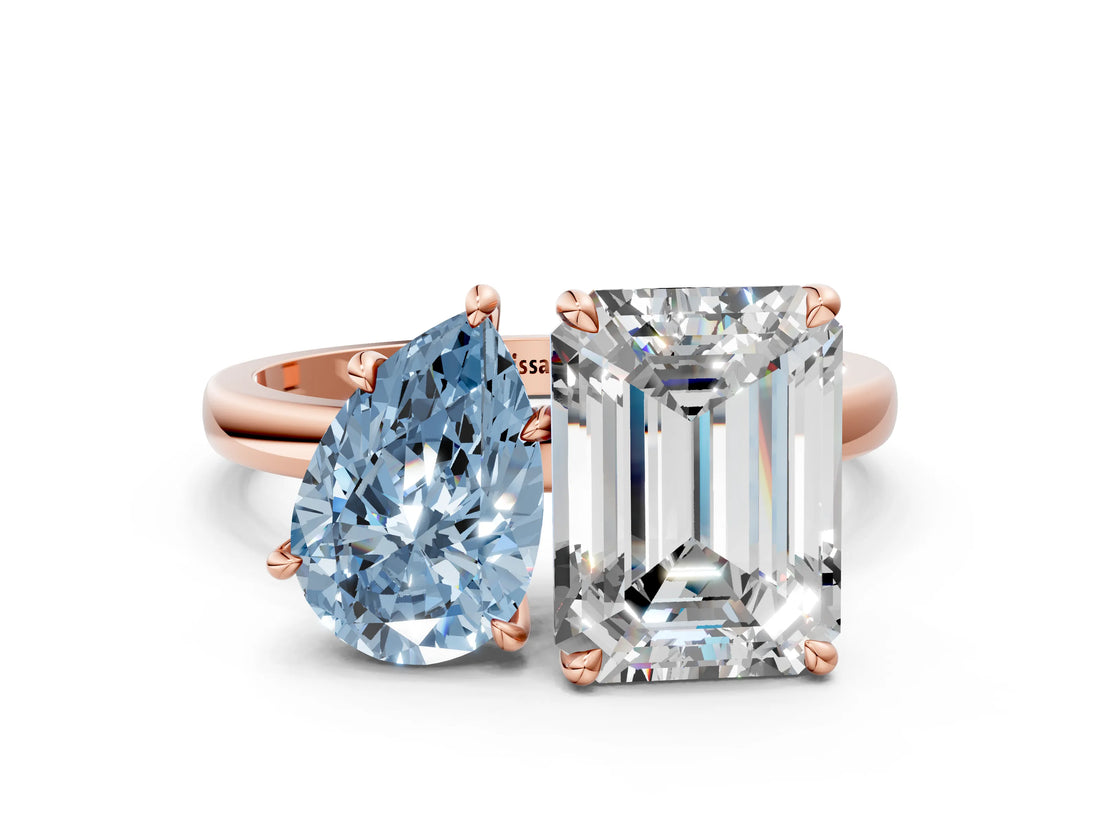 Rose gold Fancy Blue Pear  and Emerald Cut Toi Moi Ring with Prong Setting_63