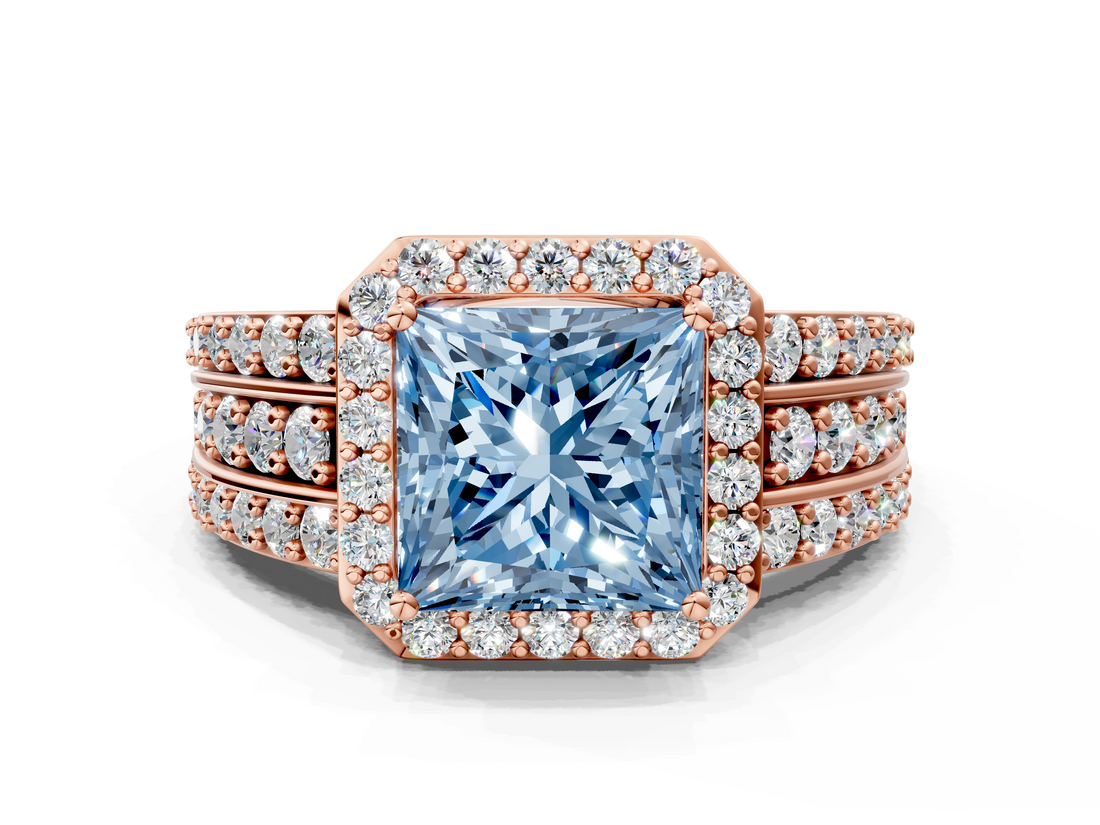 Rose gold Fancy Blue Princess -Cut Halo Diamond Ring with Split Shank and Four-Prong Setting_72