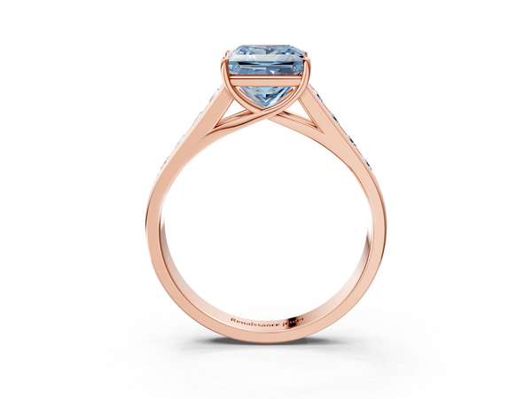 Rose Gold Princess Cut Channel Set Side Stone Engagement Ring Setting for Fancy Blue Center