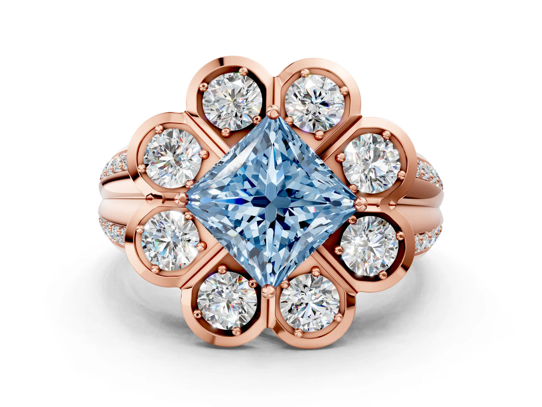 Rose gold Fancy Blue Princess  Brilliant Flower Halo Diamond Split Shank Ring_87