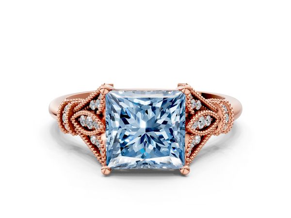 Rose gold Fancy Blue Princess  Diamond Solitaire Ring with Floral Filigree and Pave Accents