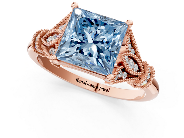 Rose gold Fancy Blue Princess  Diamond Solitaire Ring with Floral Filigree and Pave Accents