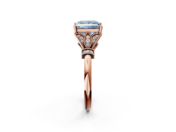 Rose gold Fancy Blue Princess  Diamond Solitaire Ring with Floral Filigree and Pave Accents