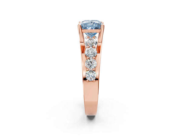 Rose gold Fancy Blue Princess  Brilliant Solitaire with Side Stones on a Pave Band and Four-Prong Setting