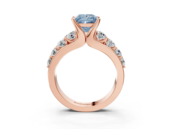 Rose gold Fancy Blue Princess  Brilliant Solitaire with Side Stones on a Pave Band and Four-Prong Setting