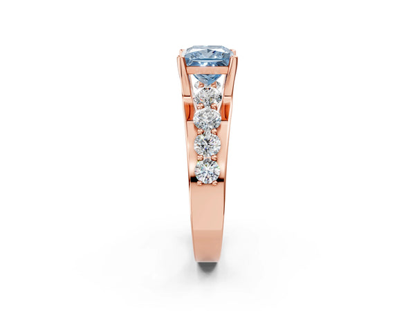 Rose gold Fancy Blue Princess  Brilliant Solitaire with Side Stones on a Pave Band and Four-Prong Setting
