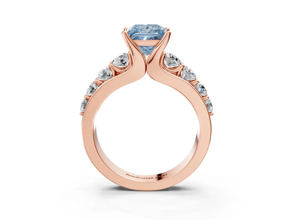 Rose gold Fancy Blue Princess  Brilliant Solitaire with Side Stones on a Pave Band and Four-Prong Setting