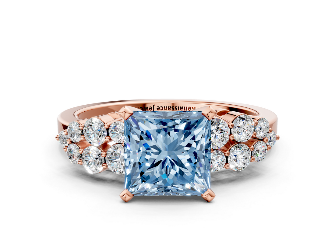 Rose gold Fancy Blue Princess  Cluster Diamond Engagement Ring with Pavé Band and Four-Prong Setting_49