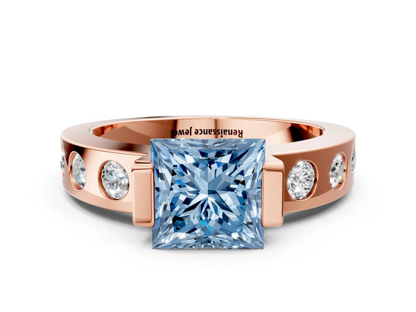 Rose gold Fancy Blue Princess Cut Brilliant Channel-Set Diamond Ring with Bezel Prong Setting