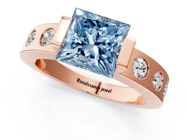 Rose gold Fancy Blue Princess Cut Brilliant Channel-Set Diamond Ring with Bezel Prong Setting