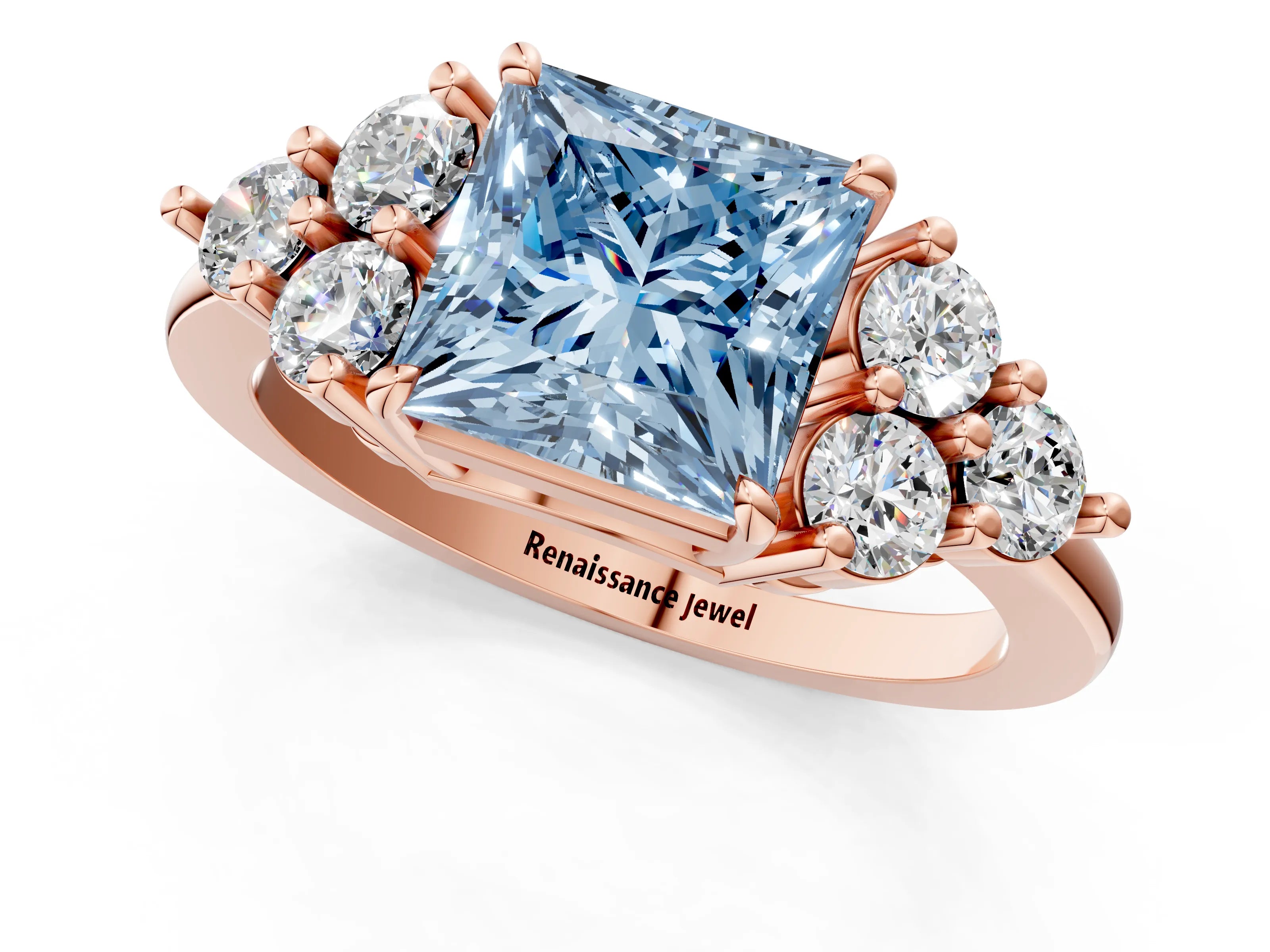 Rose gold Fancy Blue Princess Cut Brilliant Diamond Cluster Accent Solitaire Ring with Prong Setting_1