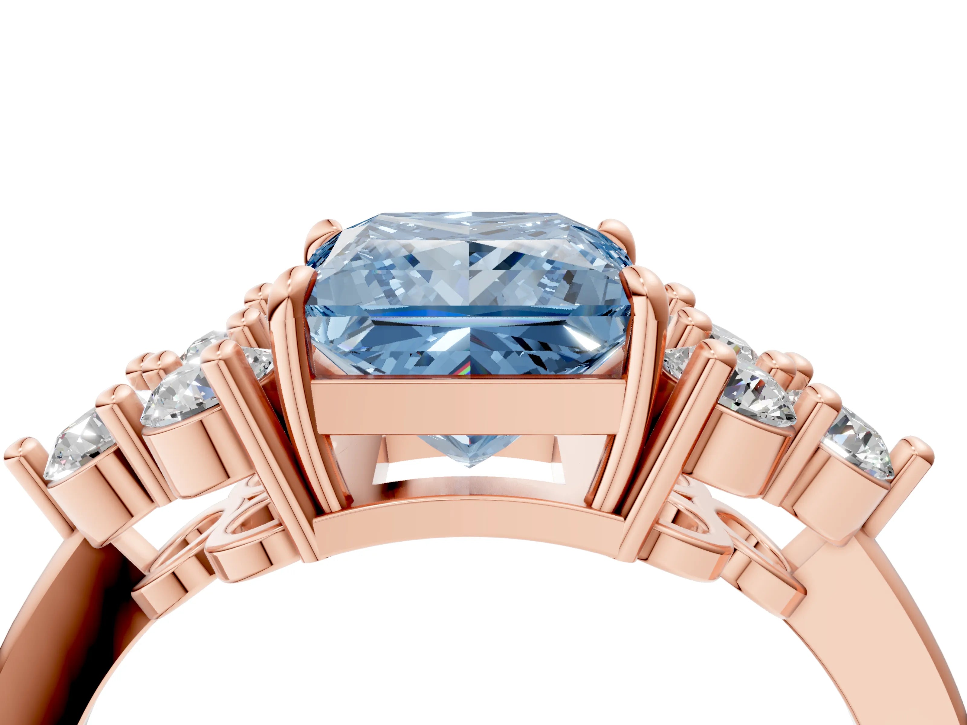 Rose gold Fancy Blue Princess Cut Brilliant Diamond Cluster Accent Solitaire Ring with Prong Setting_4