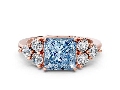 Rose gold Fancy Blue Princess Cut Brilliant Diamond Cluster Accent Solitaire Ring with Prong Setting