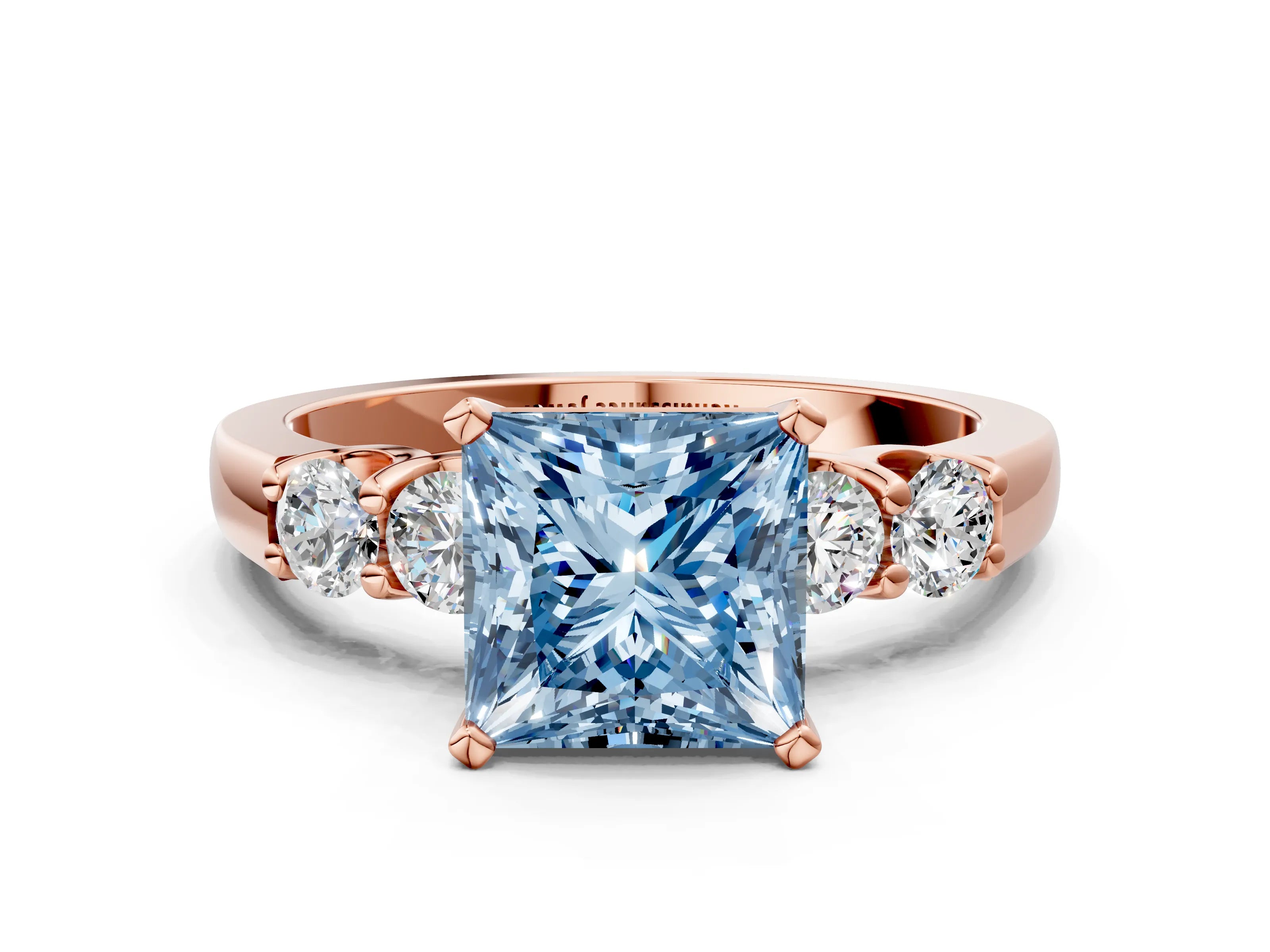 Rose gold Fancy Blue Princess Cut Brilliant Diamond Five-Stone Engagement Ring with Prong Setting on a Classic Band_3