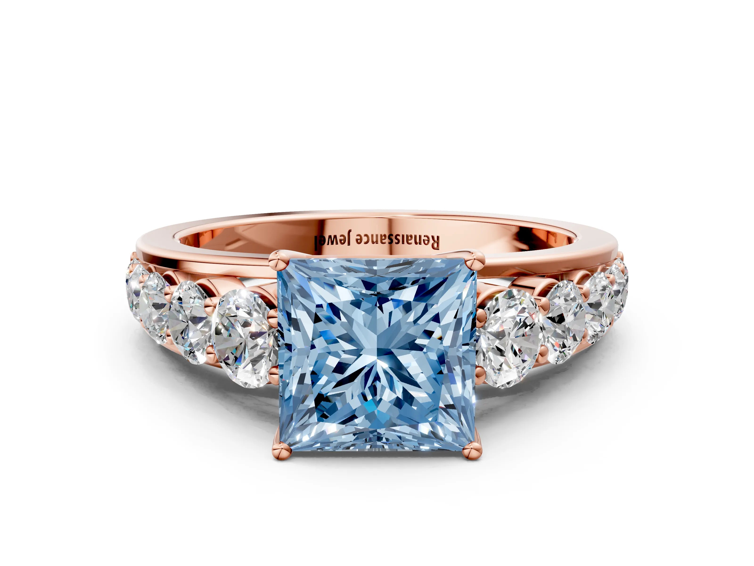Rose gold Fancy Blue Princess Cut Brilliant Diamond Pavé Band with Six-Prong Setting
