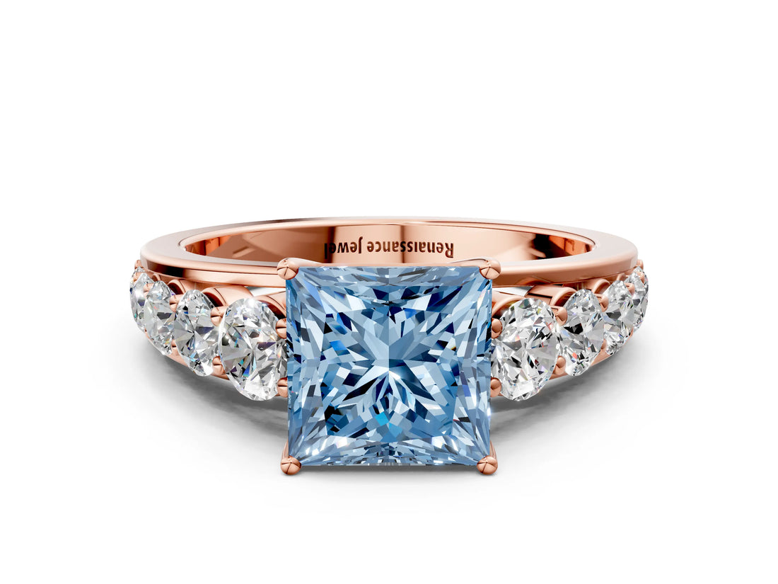 Rose gold Fancy Blue Princess Cut Brilliant Diamond Pavé Band with Six-Prong Setting_12