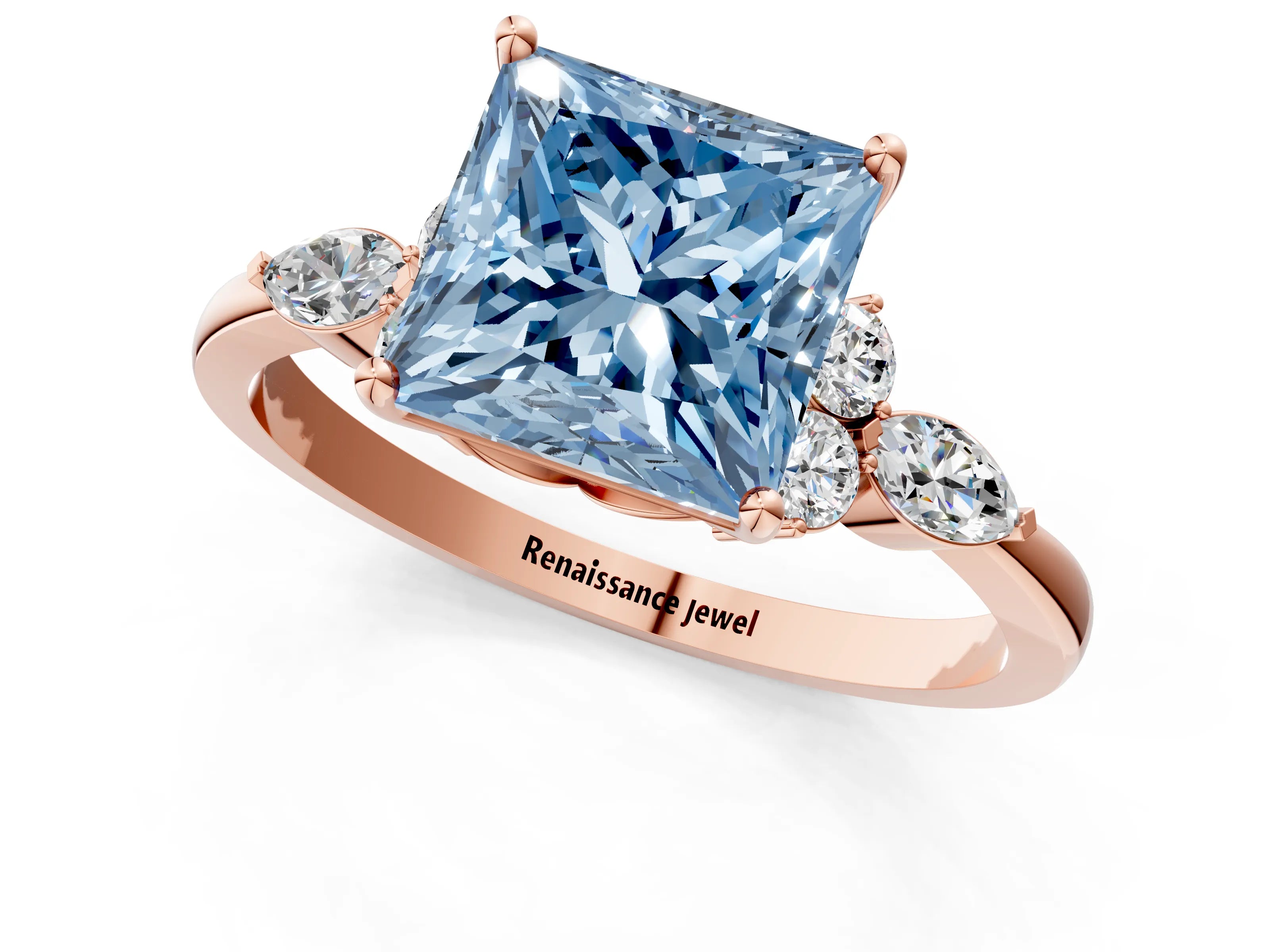 Rose gold Fancy Blue Princess Cut Brilliant Diamond Solitaire Ring with Pear Side Stones and Four-Prong Setting_4