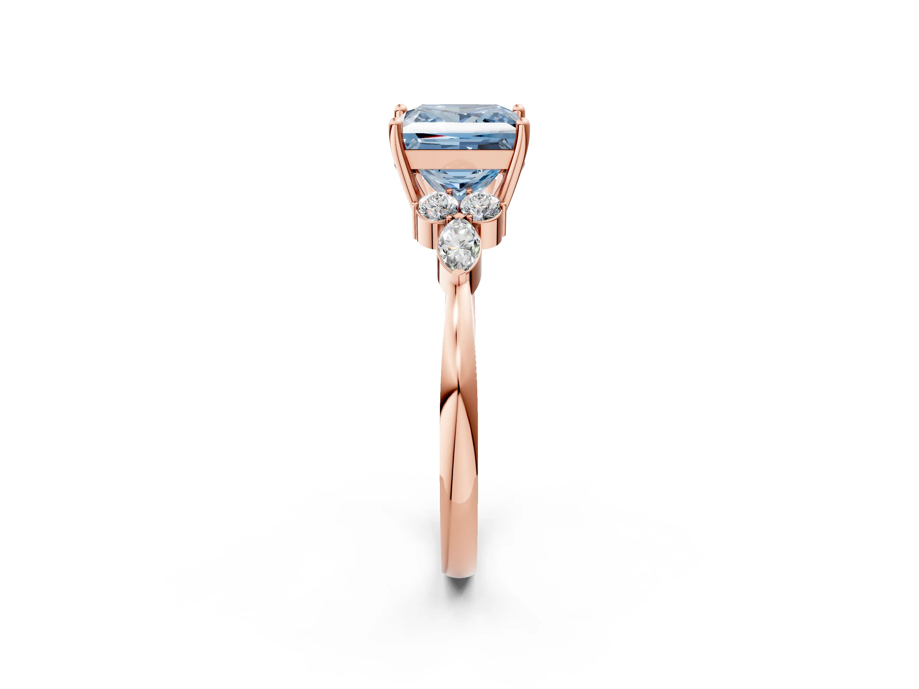 Rose gold Fancy Blue Princess Cut Brilliant Diamond Solitaire Ring with Pear Side Stones and Four-Prong Setting_5