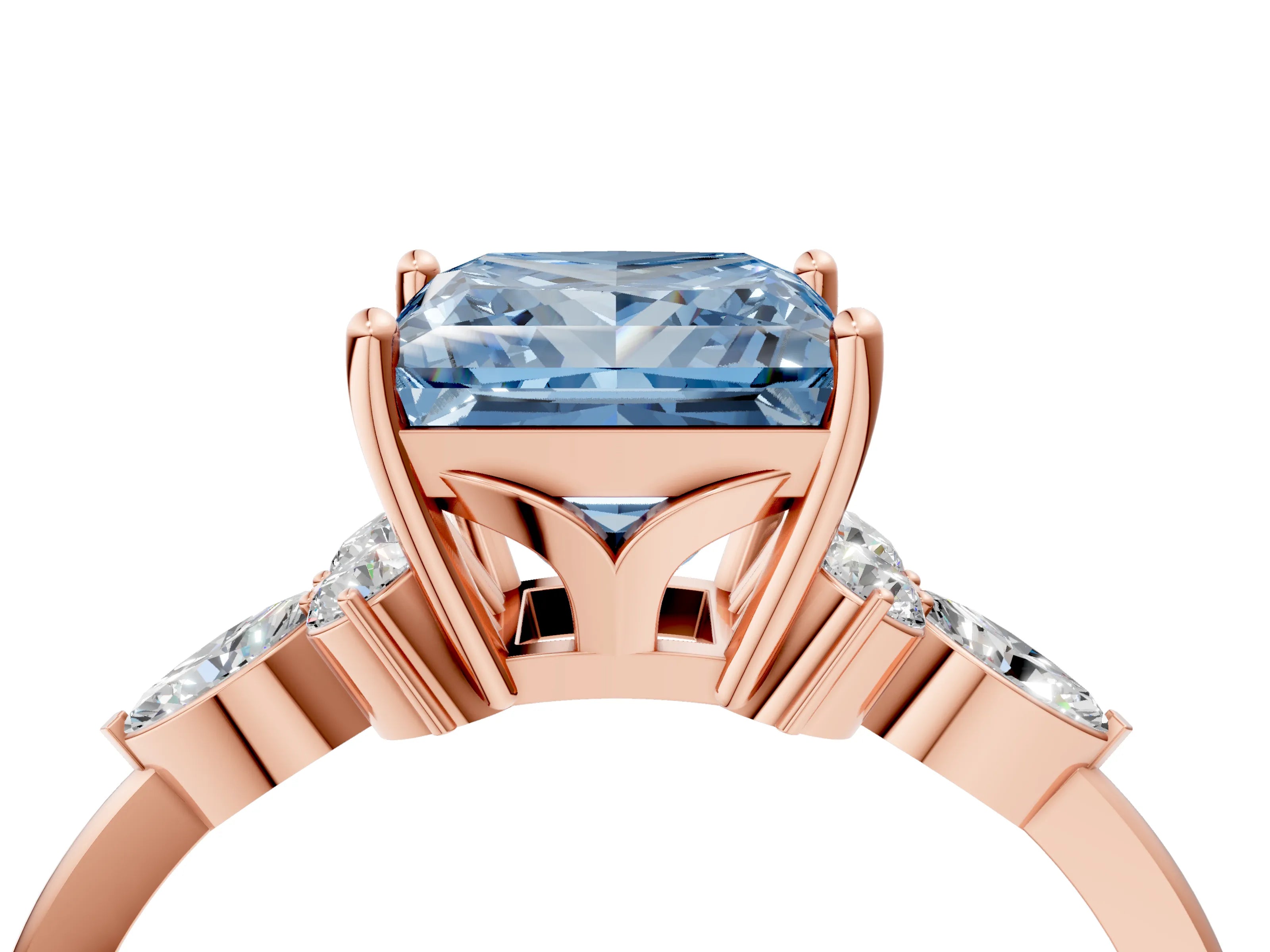 Rose gold Fancy Blue Princess Cut Brilliant Diamond Solitaire Ring with Pear Side Stones and Four-Prong Setting_7
