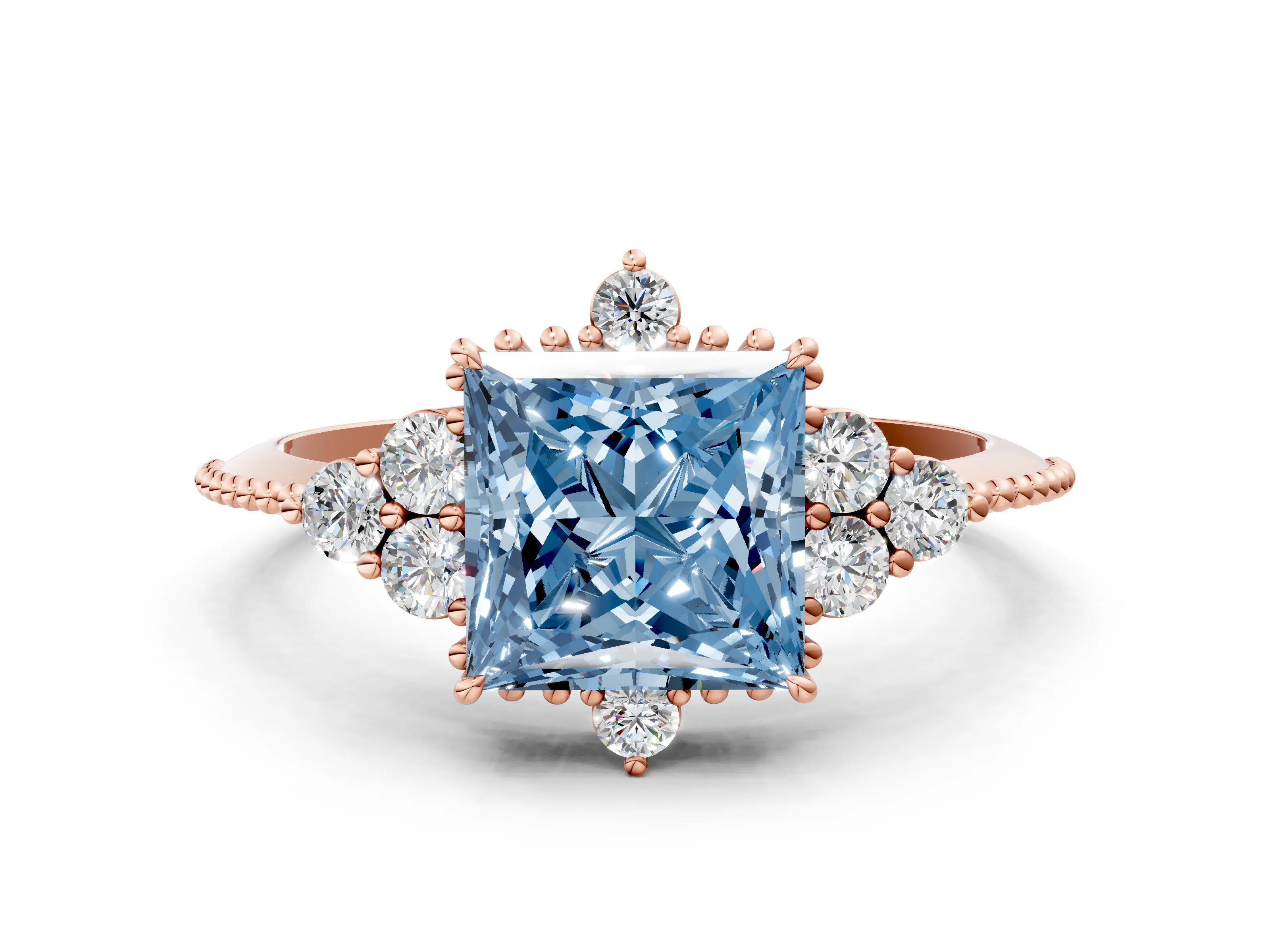 Rose gold Fancy Blue Princess Cut Brilliant Diamond with Cluster Setting on a Beaded Band and Four-Prong Setting