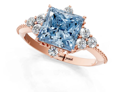 Rose gold Fancy Blue Princess Cut Brilliant Diamond with Cluster Setting on a Beaded Band and Four-Prong Setting_1