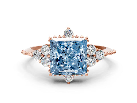Rose gold Fancy Blue Princess Cut Brilliant Diamond with Cluster Setting on a Beaded Band and Four-Prong Setting