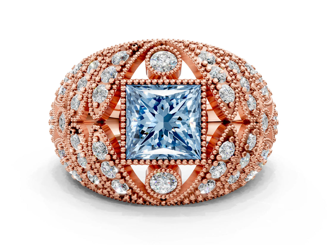 Rose gold Fancy Blue Princess Cut Brilliant Halo Pave Diamond Milgrain Ring
