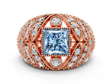 Rose gold Fancy Blue Princess Cut Brilliant Halo Pave Diamond Milgrain Ring