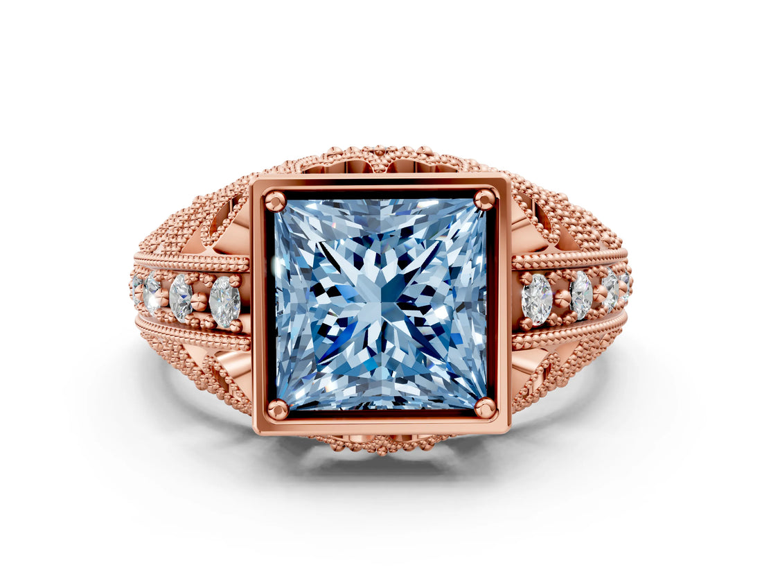 Rose gold Fancy Blue Princess Cut Brilliant Milgrain Filigree Diamond Ring with Square Prong Setting