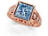 Rose gold Fancy Blue Princess Cut Brilliant Milgrain Filigree Diamond Ring with Square Prong Setting_1