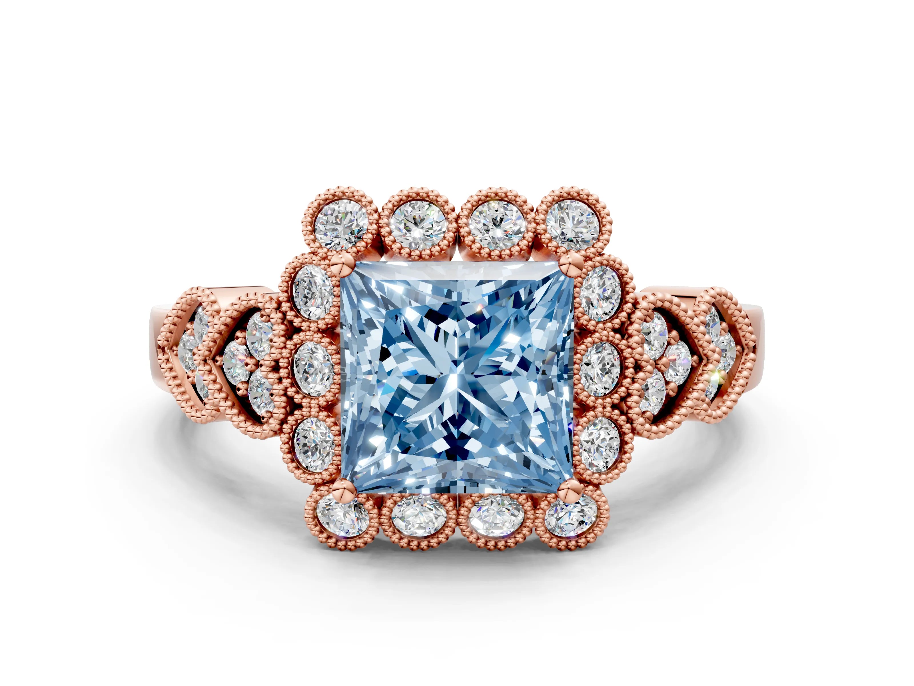 Rose gold Fancy Blue Princess Cut Brilliant Milgrain Pave Heart Band Solitaire Ring