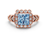 Rose gold Fancy Blue Princess Cut Brilliant Milgrain Pave Heart Band Solitaire Ring