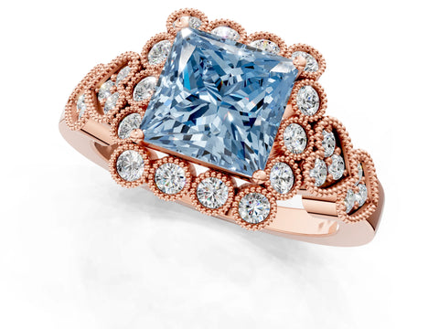 Rose gold Fancy Blue Princess Cut Brilliant Milgrain Pave Heart Band Solitaire Ring_1
