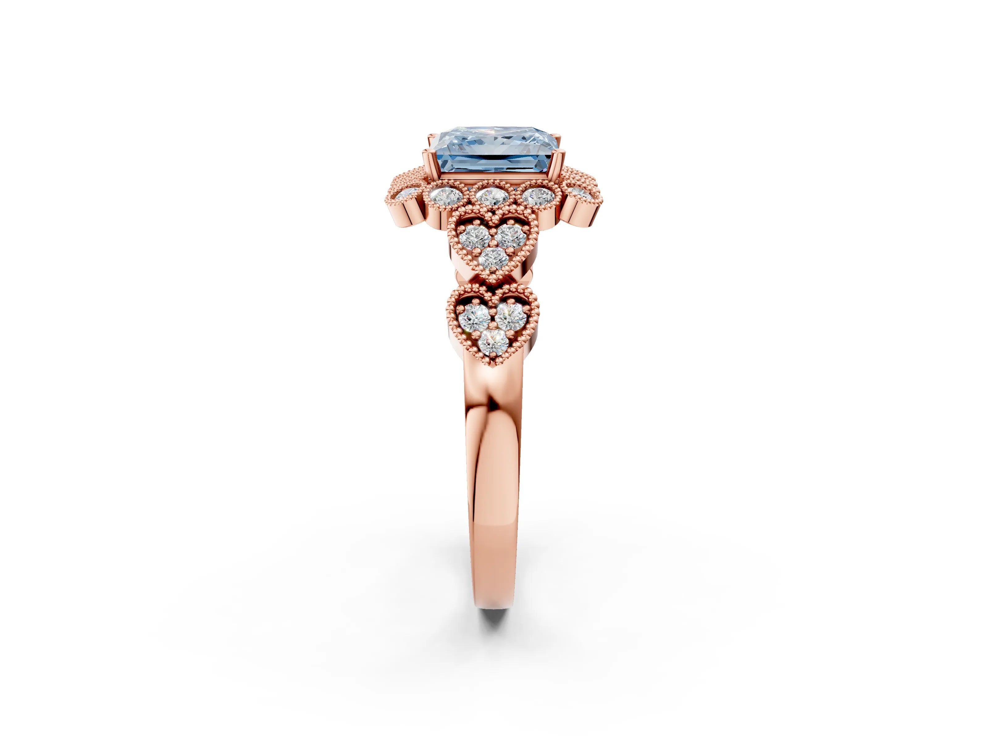 Rose gold Fancy Blue Princess Cut Brilliant Milgrain Pave Heart Band Solitaire Ring_2