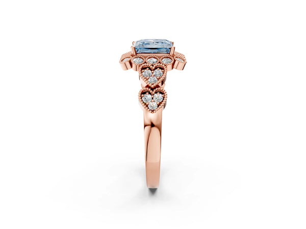 Rose Gold Princess Cut Milgrain Halo Engagement Ring Setting for Fancy Blue Center