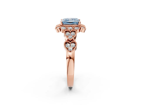 Rose gold Fancy Blue Princess Cut Brilliant Milgrain Pave Heart Band Solitaire Ring_2