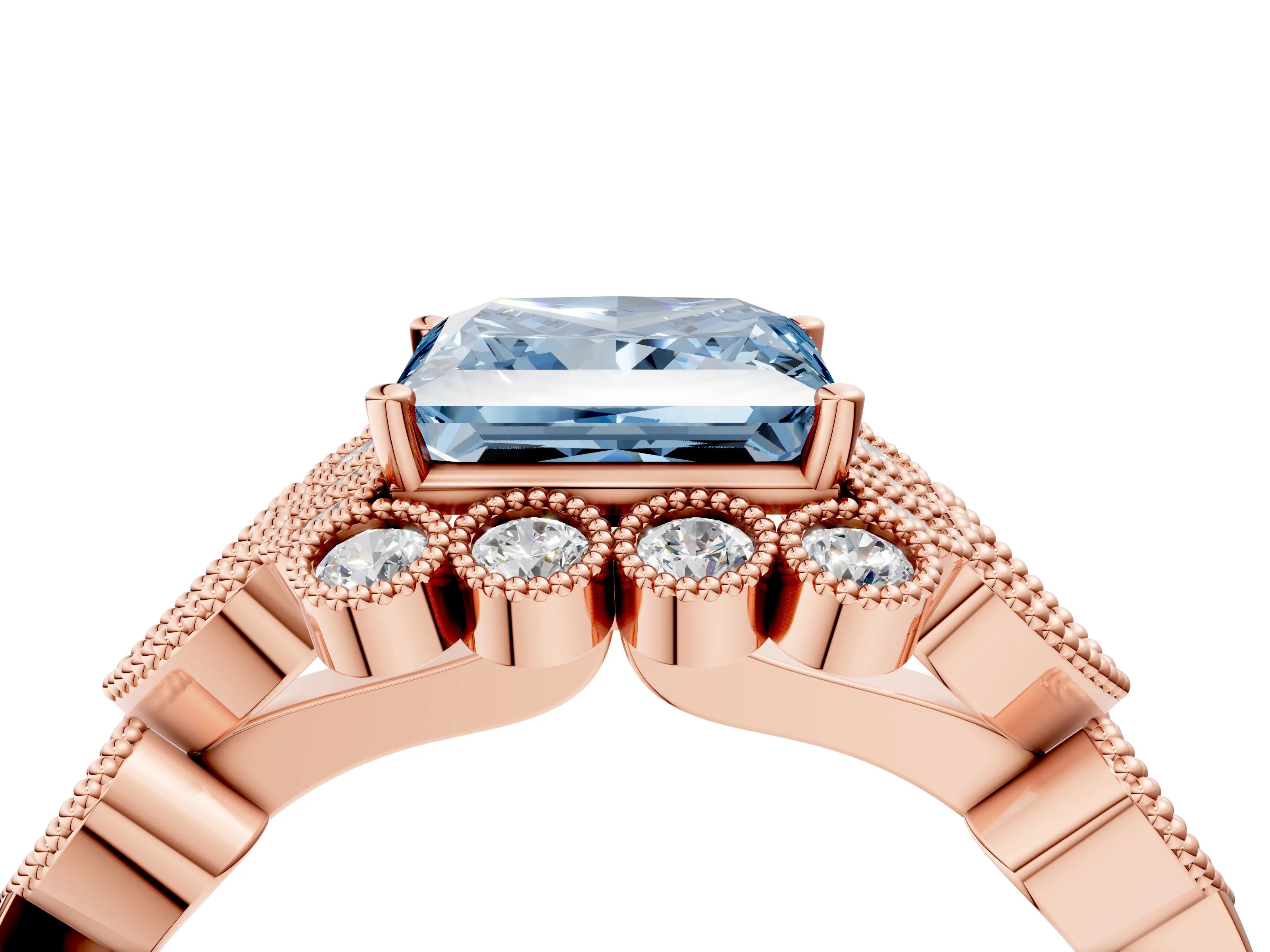 Rose gold Fancy Blue Princess Cut Brilliant Milgrain Pave Heart Band Solitaire Ring_4