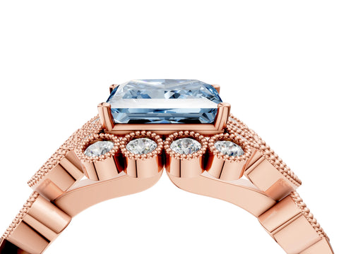 Rose gold Fancy Blue Princess Cut Brilliant Milgrain Pave Heart Band Solitaire Ring_4