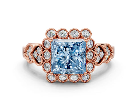 Rose gold Fancy Blue Princess Cut Brilliant Milgrain Pave Heart Band Solitaire Ring
