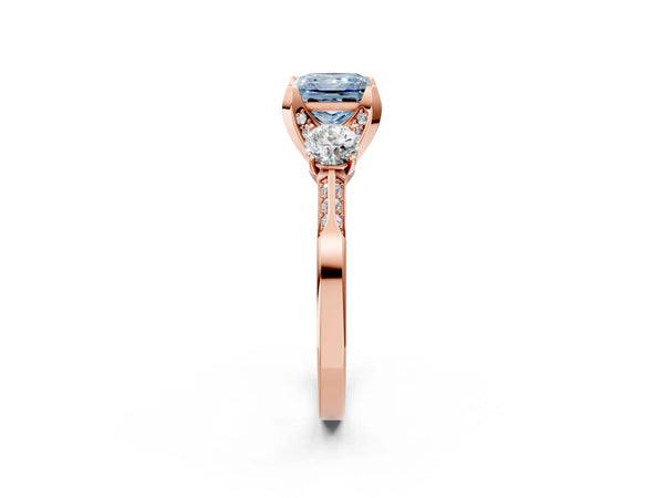 Rose Gold Princess Cut Three Stone Hidden Halo Engagement Ring Setting for Fancy Blue Center