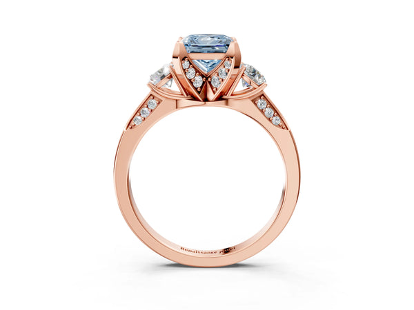 Rose Gold Princess Cut Three Stone Hidden Halo Engagement Ring Setting for Fancy Blue Center
