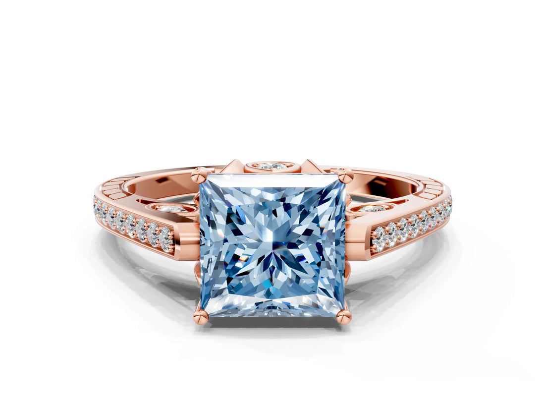 Rose gold Fancy Blue Princess  Cut Cathedral Pave Diamond Engagement Ring with Six-Prong Setting_32