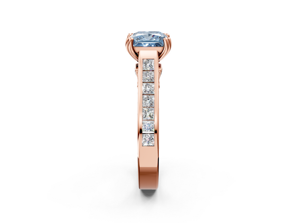 Rose Gold Princess Cut Channel Set Solitaire Engagement Ring Setting for Fancy Blue Center with Double Claw Prongs